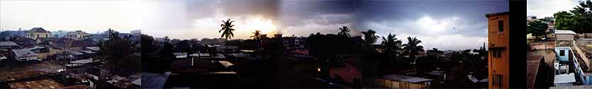 panoramic view of the city at dawn, viewed from our H&ocirc;tel Babo balcony.